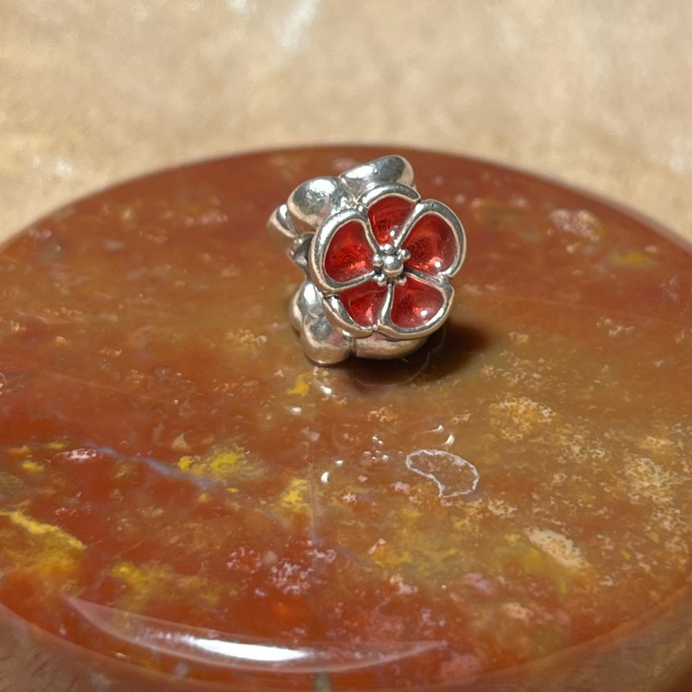Pandora Red Poppy Sterling Silver Flower Bead Charm RARE - Picture 2 of 12